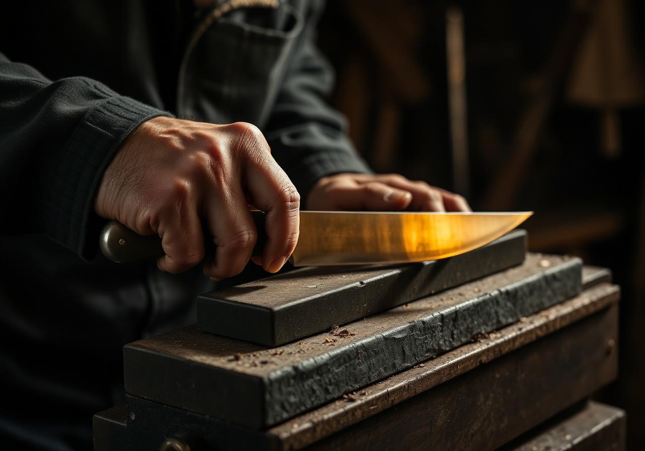 A craftsman's hands sharpening a knife on a water stone